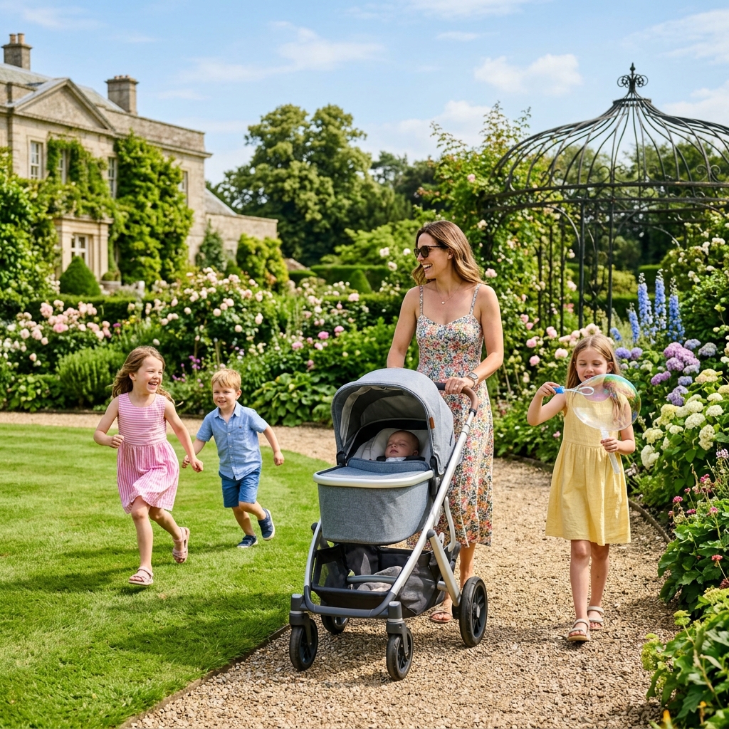 A mom with a pram and kids playing in a luxury garden